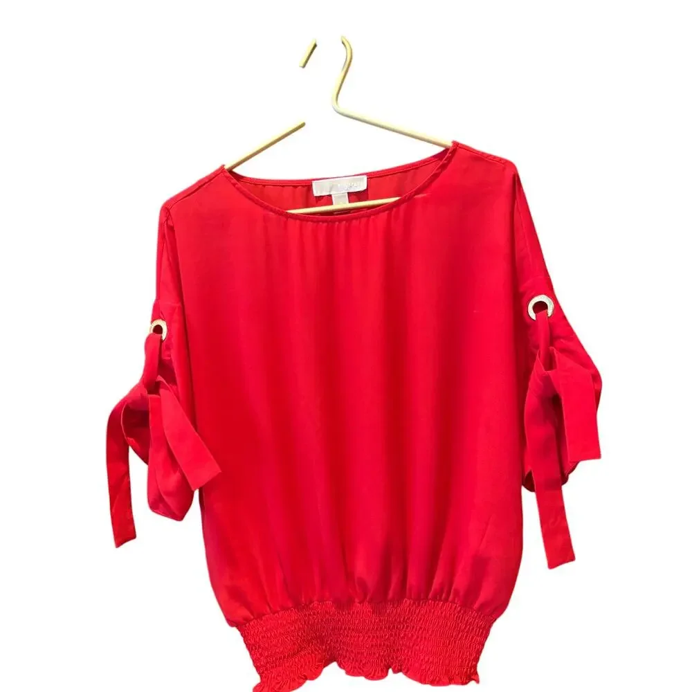 Michael Kors Red Top S EUC Gold Grommet Tie Sleeve Smocked Hem Blouse